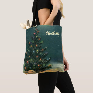 Tote Bag Arbre de Noël vintage la nuit avec lumières et nei