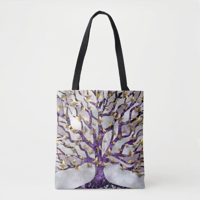Tote Bag Arbre de vie - Améthyste et papillons (Devant)