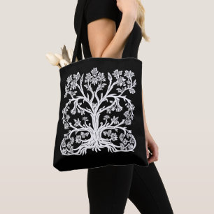 Tote Bag Arbre de vie floral en blanc sur noir