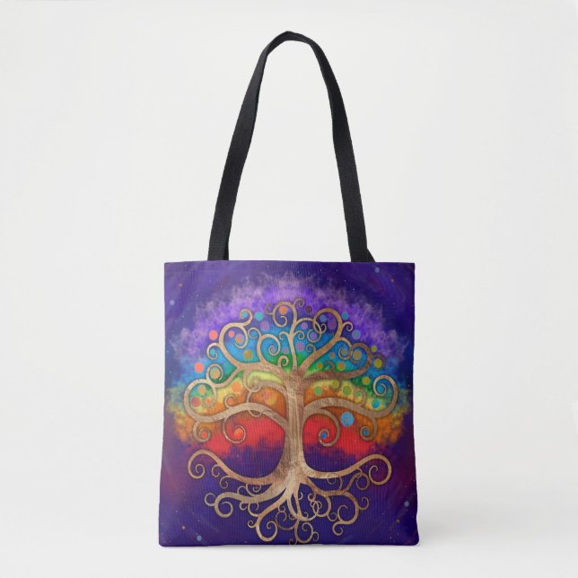 Tote Bag Arbre de vie Golden Swirl et Rainbow (Devant)