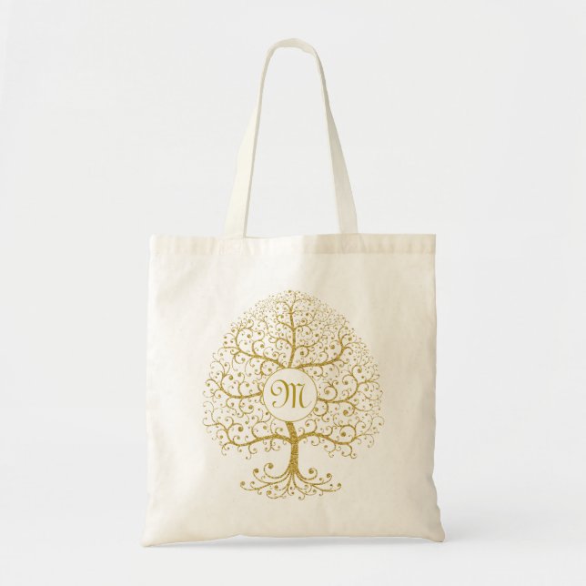 Tote Bag Arbre de vie Or Monogramme moderne (Devant)