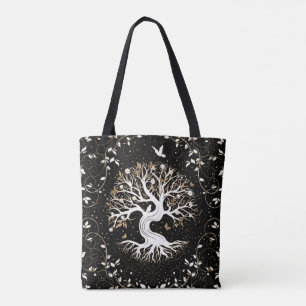 Tote Bag Arbre de vie - Yggdrasil - noir blanc et or