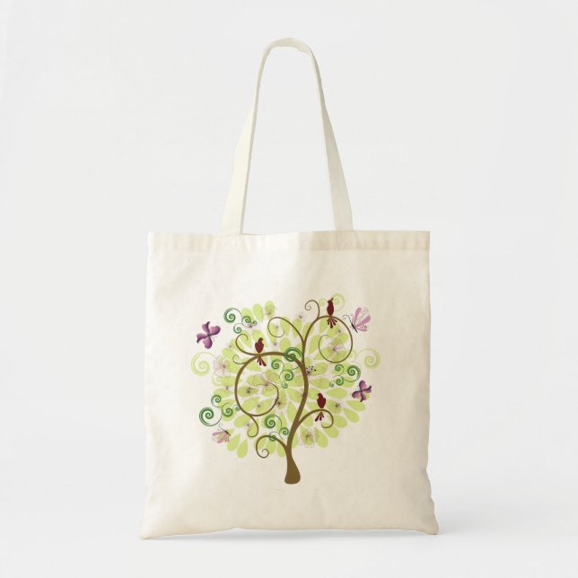 Tote Bag Arbre des oiseaux verts stylisés floraux d'arbre (Devant)