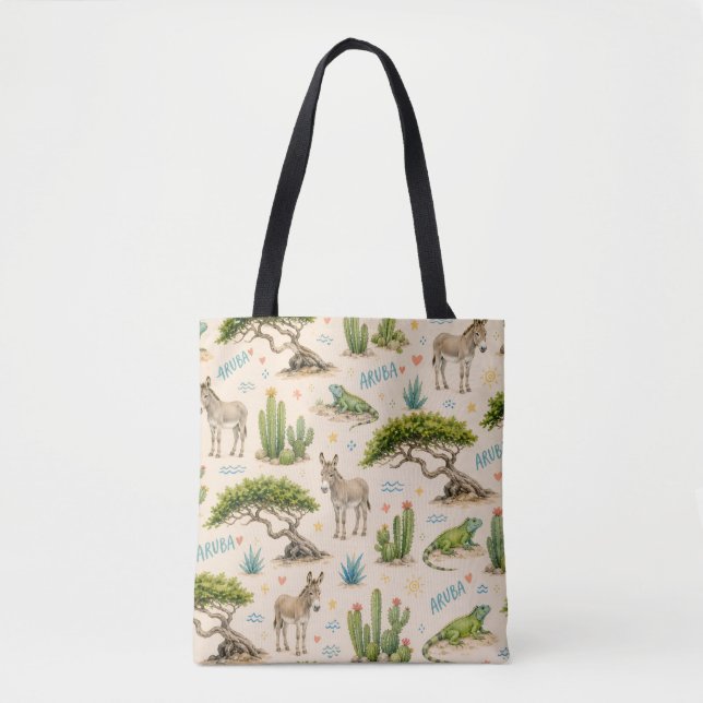 Tote Bag Arbre divi d'Aruba, âne, iguane, cactus (Devant)