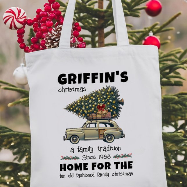 Tote Bag Arbre drôle sur la voiture Nom de famille Noël (Créateur téléchargé)