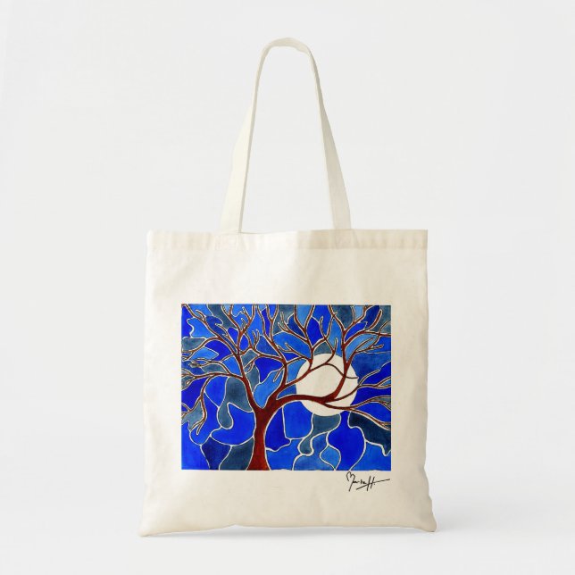 Tote Bag Arbre et lune sur la toile - bleu (Devant)