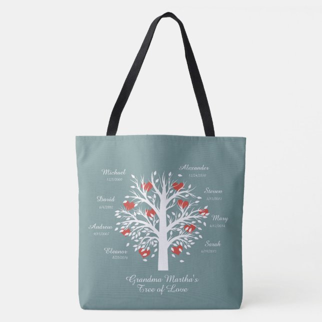 Tote Bag Arbre grand-mère (coeur) noms/dates personnalisés (Devant)