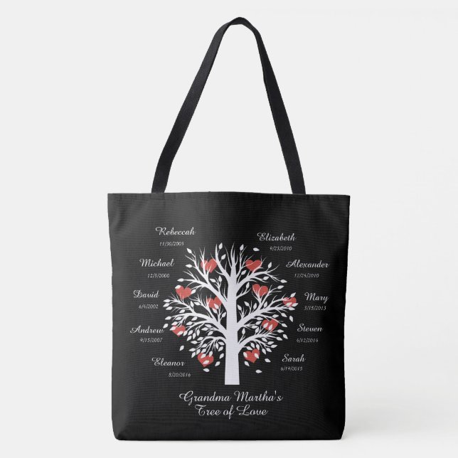 Tote Bag Arbre grand-mère (coeurs) 10 noms/anniversaires Sa (Devant)
