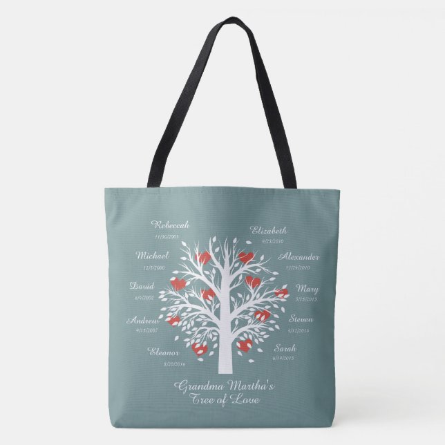 Tote Bag Arbre grand-mère (coeurs) 10 noms/anniversaires Sa (Devant)