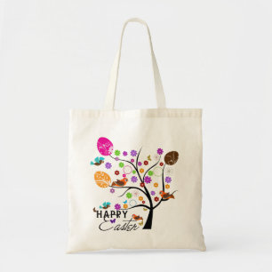 Tote Bag Arbre rétro coloré avec oeufs de Pâques et oiseaux