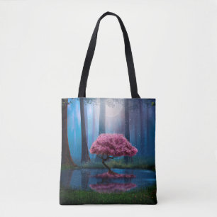 Tote Bag Arbre rose et étang dans les bois la nuit