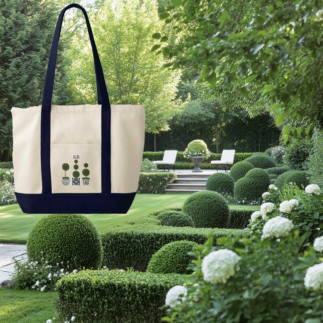 Tote Bag Arbre topiaire monogrammé toile de couleur contras (Monogram topiary tree garden lover tote bag)
