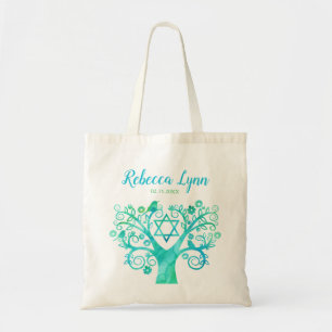 Tote Bag Arbre vert turquoise d'aquarelle de bat mitzvah de
