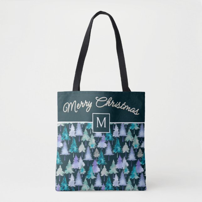 Tote Bag Arbres à l'aquarelle Joyeux Noël Monogrammé (Devant)