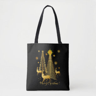 Tote Bag Arbres de Noël d'or et rennes