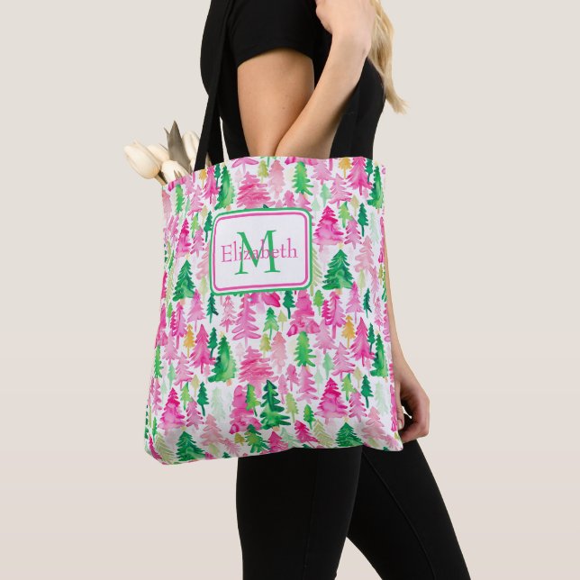 Tote Bag Arbres de Noël Monogramme Rose et Vert Prépa (De près)