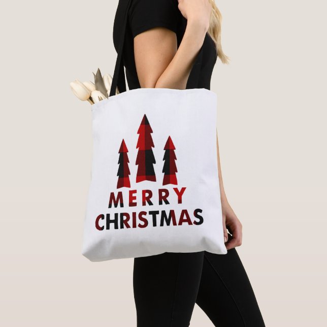 Tote Bag Arbres de Noël rustiques joyeux Plaid Rouge Buffle (De près)