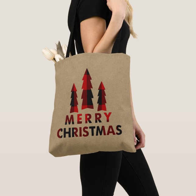 Tote Bag Arbres de Noël rustiques rouges à carreaux buffle (De près)
