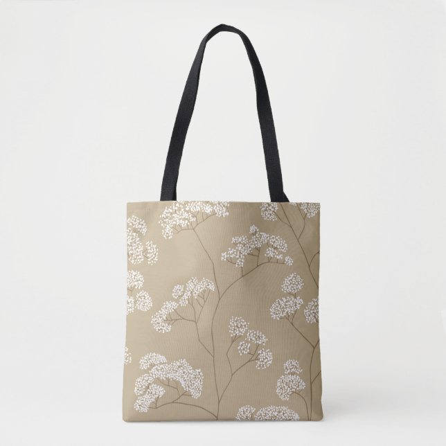 Tote Bag Arbustes de petites fleurs blanches en palet beige (Devant)