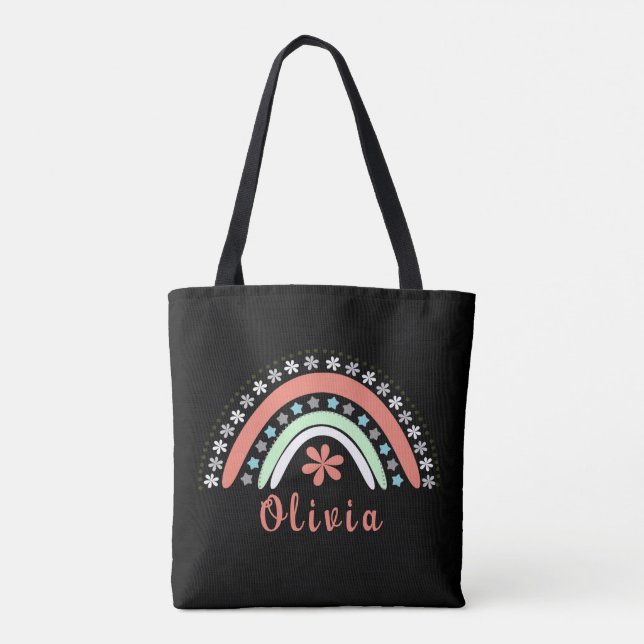 Tote Bag Arc-en-ciel Floral Boho Avec Nom Personnalisé (Dos)