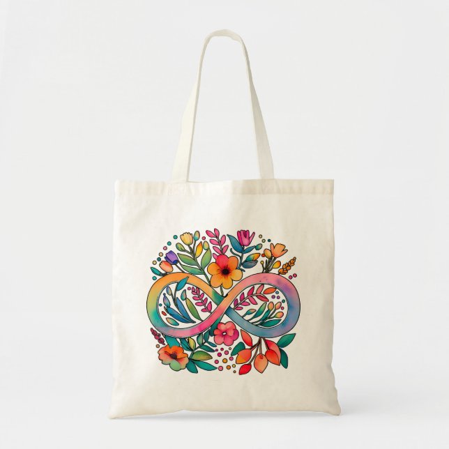 Tote Bag Arc-en-ciel Infinité Aquarelle Fleurs Autisme (Devant)