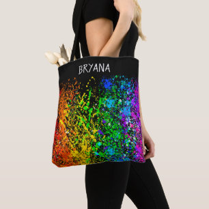 Tote Bag Arc-en-ciel noir peinture couleur éclaboussure Col