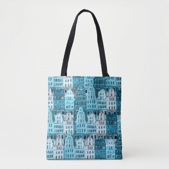 Tote Bag Architecture d'Amsterdam, aquarelle bleue. (Devant)