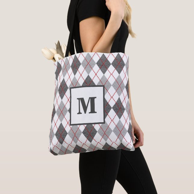 Tote Bag Argyle carreau moderne rouge gris argent monogramm (De près)