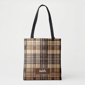 Tote Bag AriaGrace Camel Patrimoine Tartan Écossais à Carre