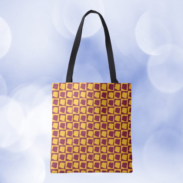 Tote Bag Arizona Checkered Maroon and Gold Pattern (A tote bag with a maroon and gold pattern featuring the US state of Arizona.)