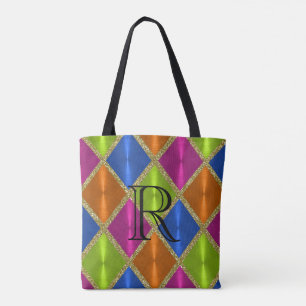 Tote Bag Arlequin en or bleu à chaux magenta avec Monogramm