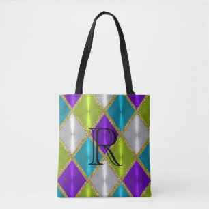 Tote Bag Arlequin en or Turquoise à la chaux violette avec