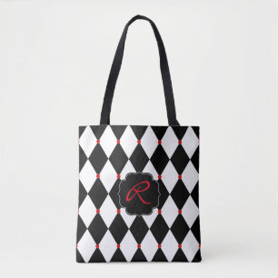 Tote Bag Arlequin noir et blanc Motif avec Monogramme