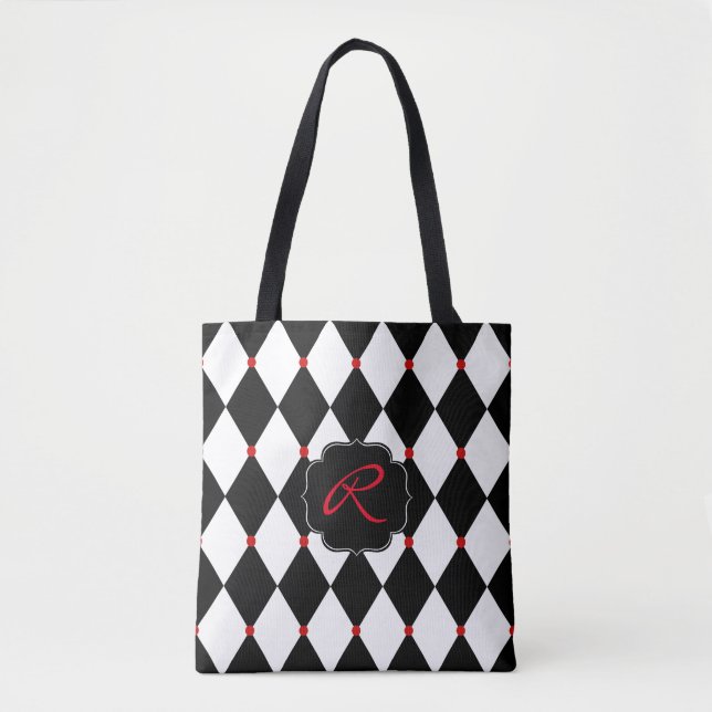 Tote Bag Arlequin noir et blanc Motif avec Monogramme (Devant)