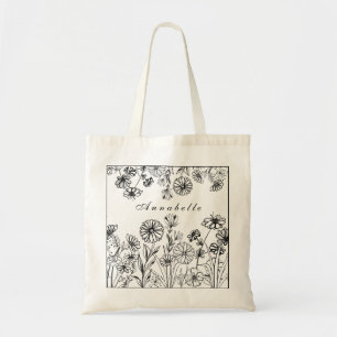 Tote Bag Arrière-plan de jardin à fleurs blanches en noir