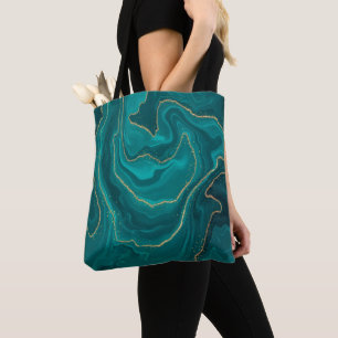 Tote Bag Arrière - plan en marbre liquide turquoise avec or