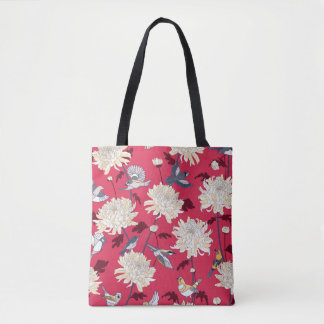 Tote Bag Arrière - plan floral avec oiseaux et chrysanthème