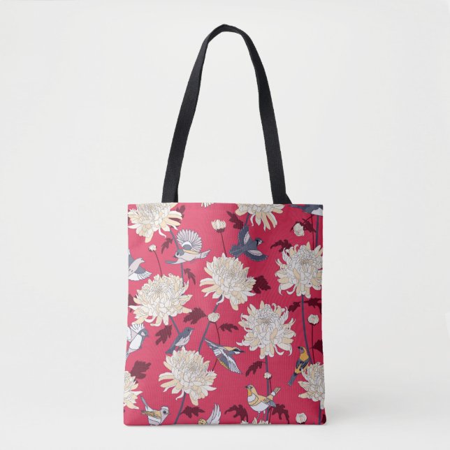 Tote Bag Arrière - plan floral avec oiseaux et chrysanthème (Devant)