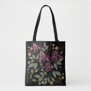 Tote Bag Arrière - plan noir Irises pourpres brodé.