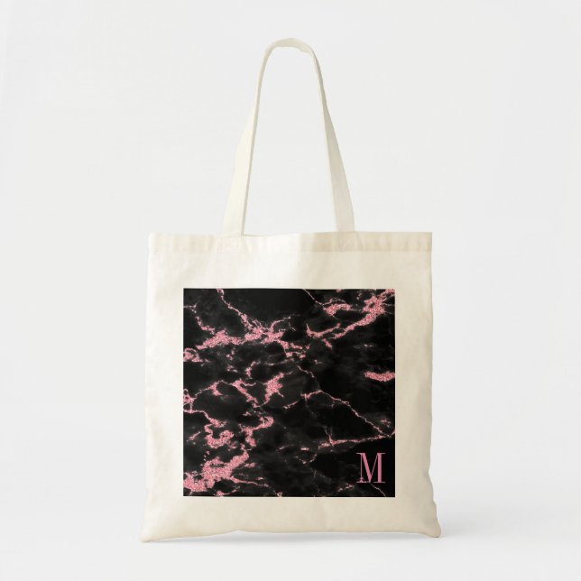 Tote Bag Arrière - plan noir Parties scintillant rose monog (Devant)