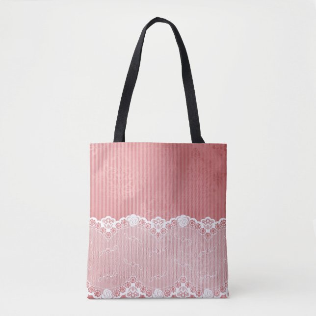 Tote Bag Arrière - plan rose et blanc avec la dentelle (Devant)