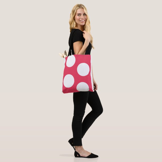 Tote Bag Arrière - plan rouge avec cercles blancs. Point Po (Sur le modèle)