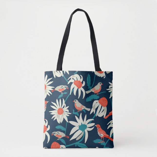 Tote Bag Arrière - plan sans couture avec fleurs et oiseaux (Devant)