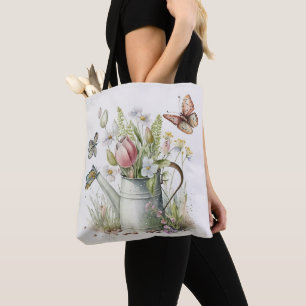 Tote Bag Arrosage avec tulipes et papillons