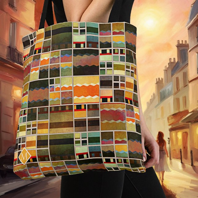 Tote Bag Art abstrait géométrique du milieu du siècle  (Tote bag featuring a vibrant geometric pattern in stained glass style)