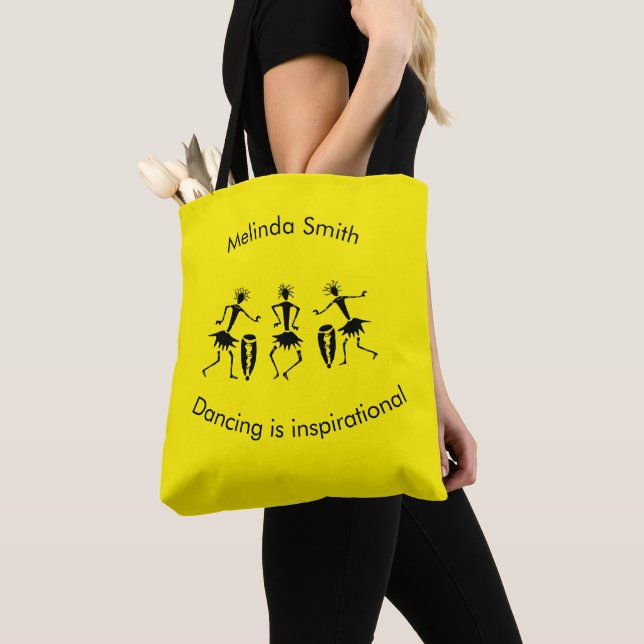 Tote Bag Art Africain, Silhouette Joyeux Danseurs Jaune (De près)