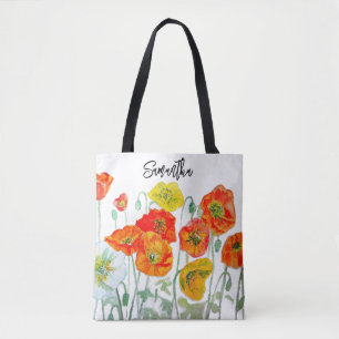 Tote Bag Art aquarelle de pavot rouge orange jaune sur fond