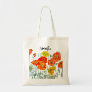 Tote Bag Art aquarelle de pavot rouge orange jaune sur fond