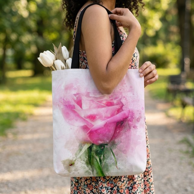 Tote Bag Art aquarelle de rose rose sur fond blanc (Pink Rose Watercolor Art on White Background. Tote Bag)