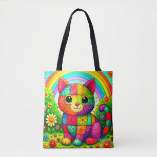 Tote Bag Art de chat patchwork arc-en-ciel